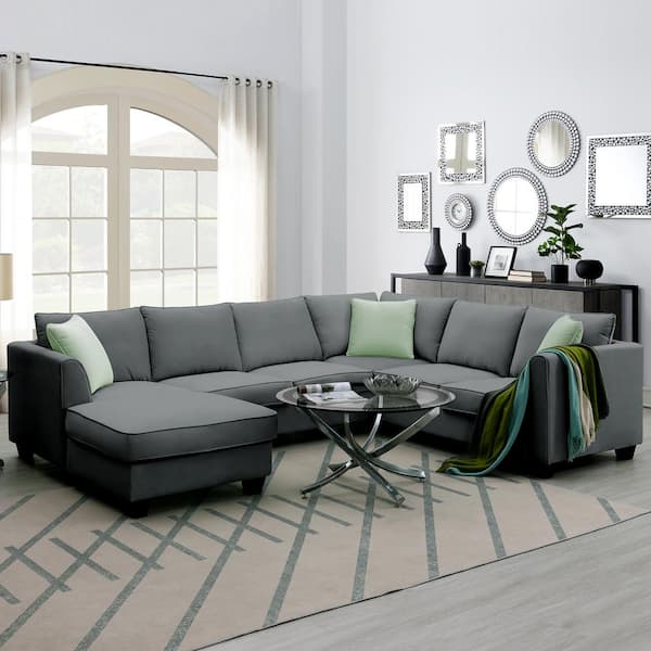 112 In Square Arm 3 Piece L Shaped Polyester Modern Sectional Sofa Gray With Ottoman