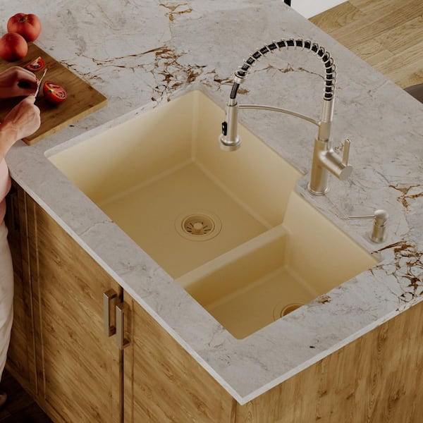 Karran Quartz/Granite Bisque 33 in. 60/40 Double Bowl Composite Undermount Kitchen Sink
