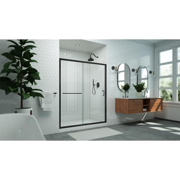 Levantine 56 in. - 60 in. W x 72 in. H Semi-Frameless Sliding Shower Door, Clear Glass in Matte Black