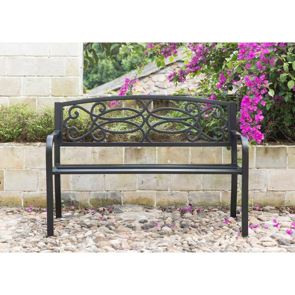 Gardenised Steel Outdoor Patio Garden Park Seating Bench with Cast Iron Scrollwork Backrest, Front Porch Yard Bench Lawn Decor