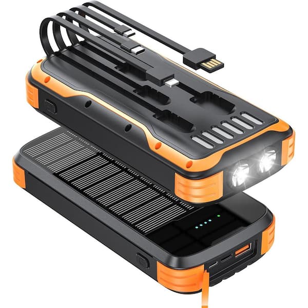 40000mAh Solar Power Bank Charger Portable Phone Charger in Black with Built-in 4-Cables and Dual Bright Flashlights