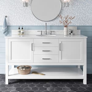 Bayhill 61 in. W x 22 in. D x 35.25 in. H Freestanding Bath Vanity in White with Carrara White Marble Top