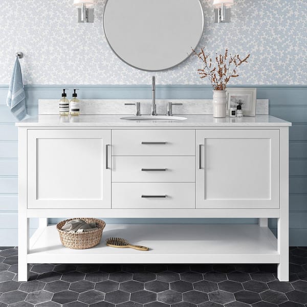 Bayhill 61 in. W x 22 in. D x 35.25 in. H Freestanding Bath Vanity in White with Carrara White Marble Top