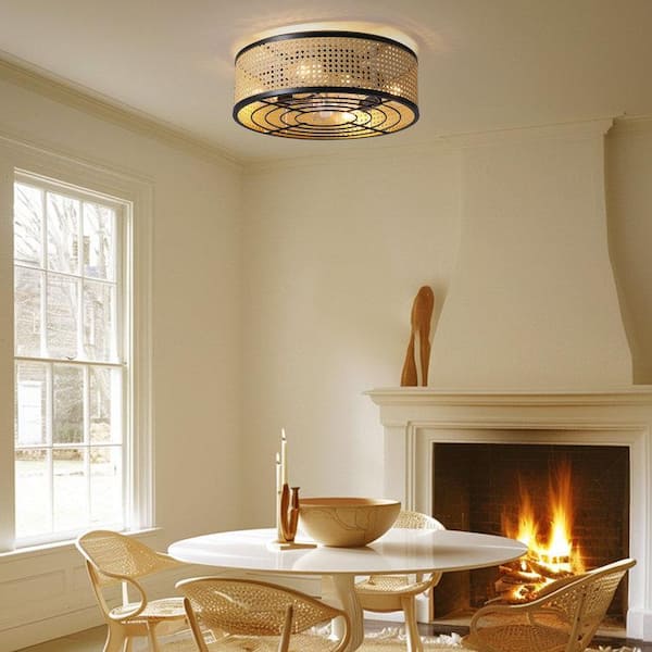 20 in. Indoor Black Boho Caged Ceiling Fan with Lights and Remote Control, Low Profile Flush Mount Ceiling Fan
