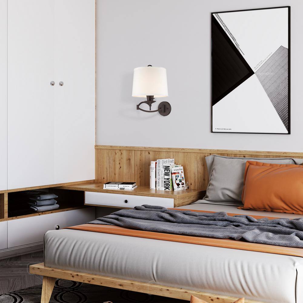 Transitional Bronze Swing Arm Wall Lamp with Off-White Linen Shade