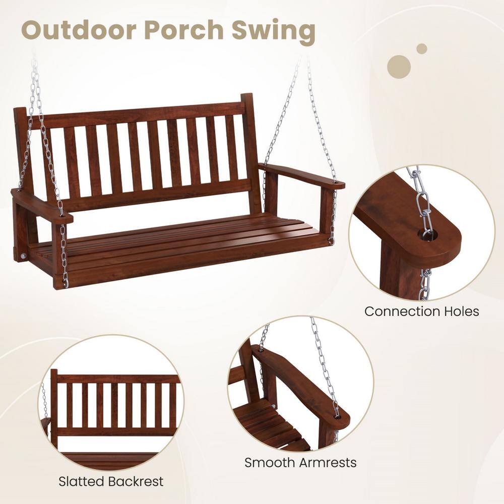 Brown Poplar Wood 3-Person Outdoor Porch Swing with Metal Chains