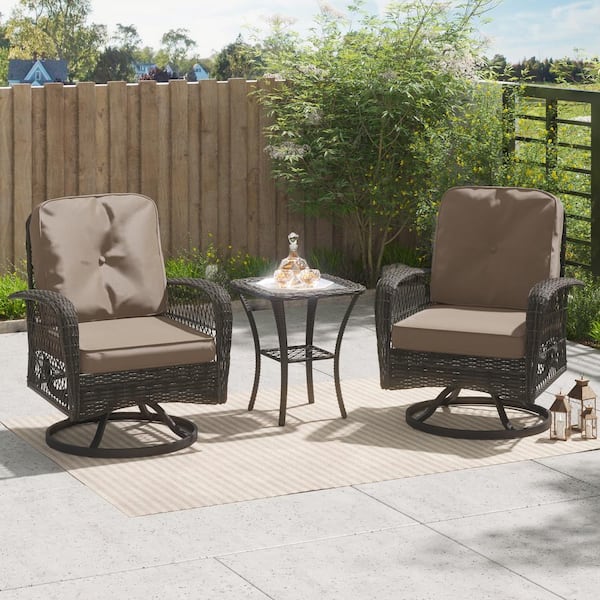 CORVUS Livorno Brown 3-piece Steel Wicker Patio Swivel Chair Set with Brown Cushions