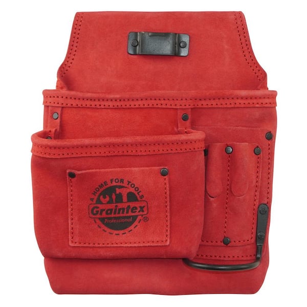 5-Pocket Left Handed Red Nail and Tool Pouch in Suede Leather