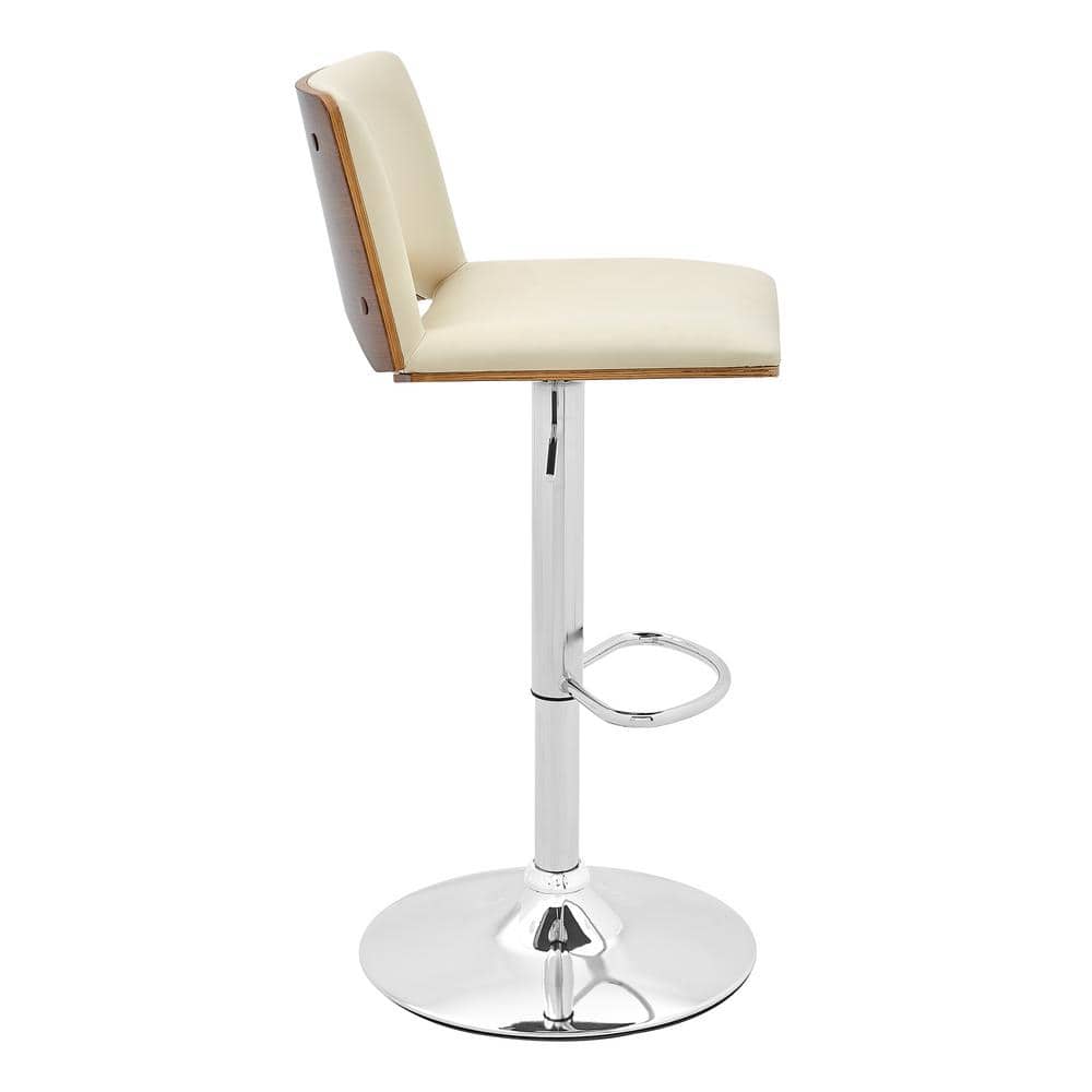 Contemporary Cream Leather & Walnut Swivel Adjustable Bar Stool