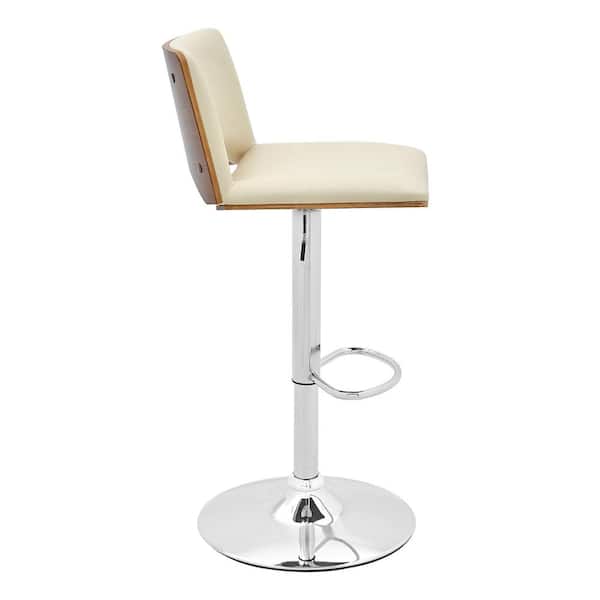 Thierry Adjustable Swivel Cream Faux Leather with Walnut Back and Chrome Bar Stool