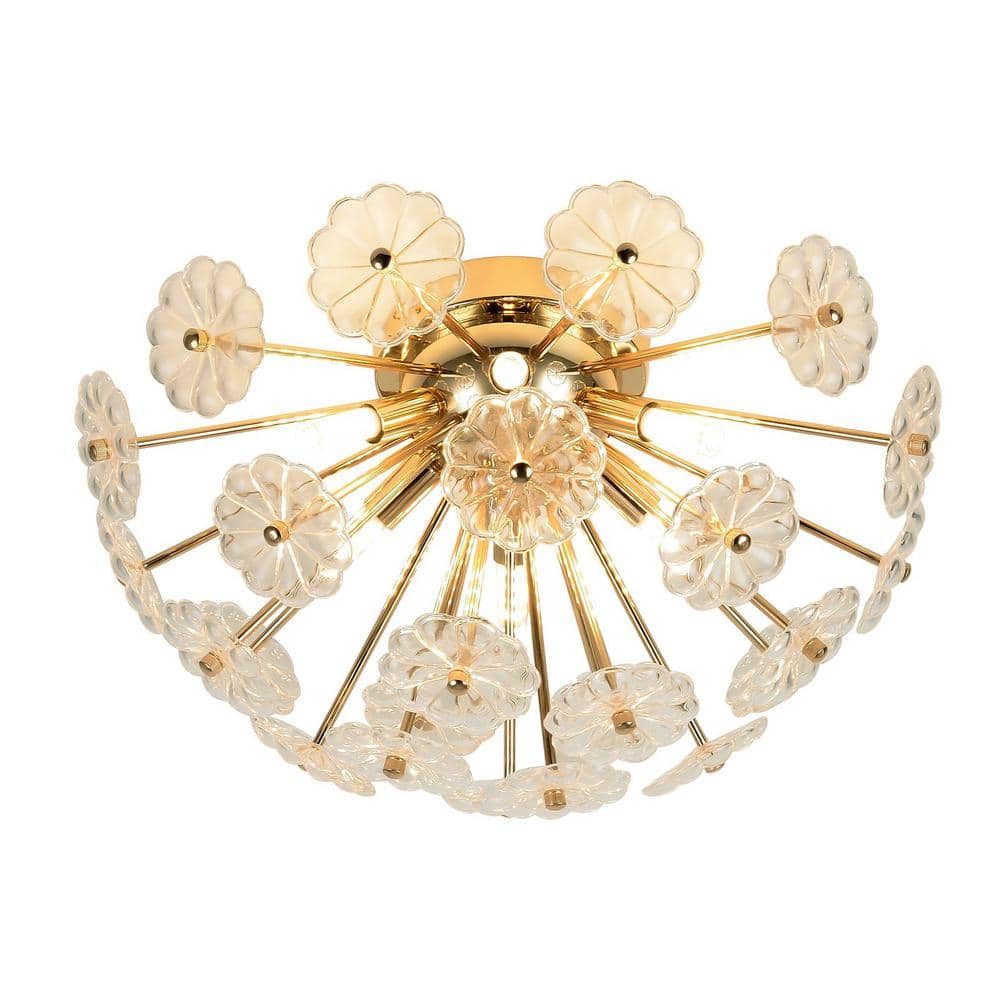 19.7 in. W Gold 6-Light Selectable LED Sputnik Firework Branch Crystal Chan