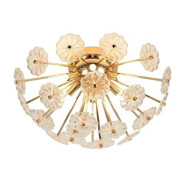 Unbranded 19.7 in. W Gold 6-Light Selectable LED Sputnik Firework Branch Crystal Chandelier Flush Mount Light