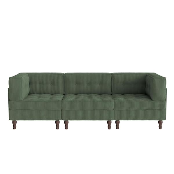 98 in. Square Arm 3-Piece Corduroy Rectangle Sectional Sofa in Green