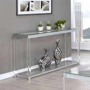 Anne 48 in. L Chrome and Clear Rectangle Glass Console Table with Lower Shelf