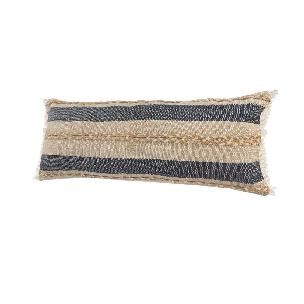 Coastal Denim and Tan Striped Lumbar Pillow with Jute Braiding