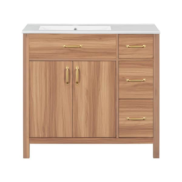 ANGELES HOME 36 in. OAK Solid Wood Frame Bath Vanity with White Ceramic Top, 2 Soft Close Doors, 3 Soft Close Drawers