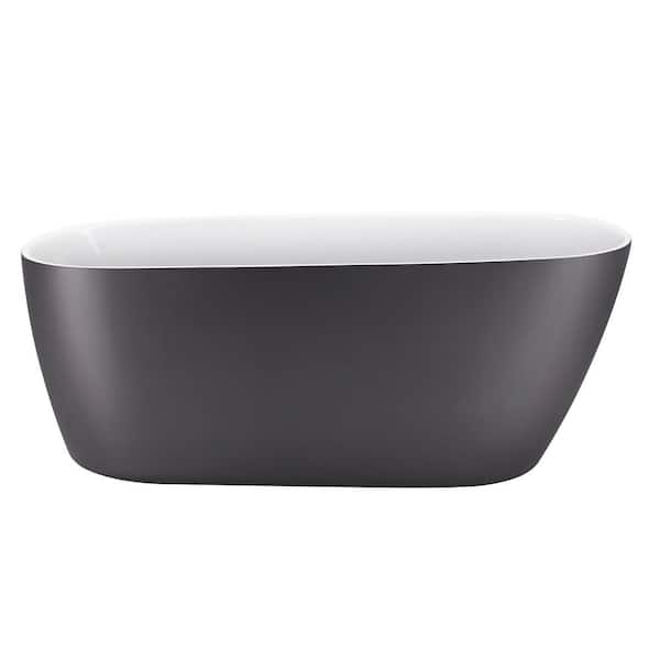 VANITYFUS 58.5 in. Acrylic Freestanding Flatbottom Soaking Bathtub in Matte Grey with Brass Drain and Overflow