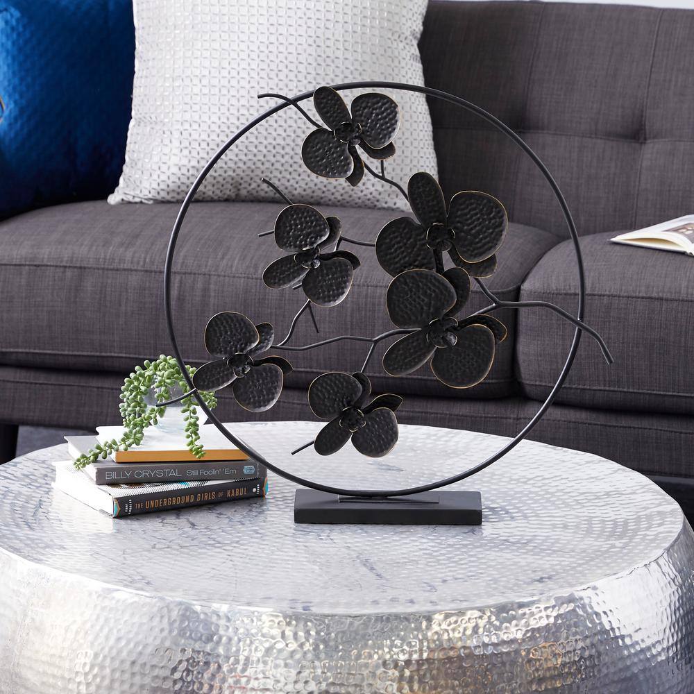 Elegant Black Metal Orchid Floral Sculpture 26"