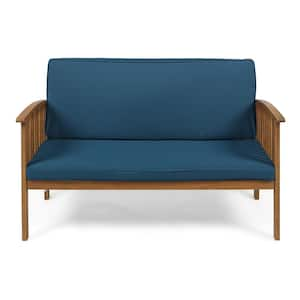 Brown Frame Acacia Wood Outdoor Loveseat, Waterproof Fabric, with Teal Cushions, for Backyard Decks Gardens