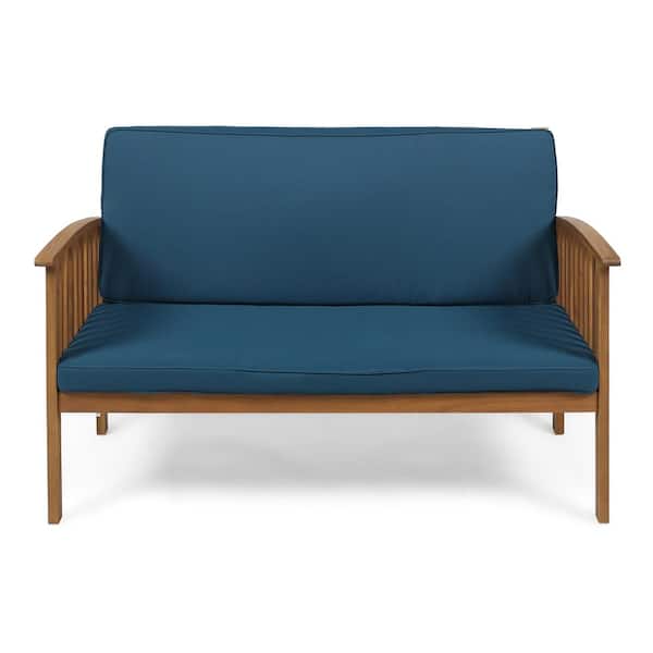 Unbranded Brown Frame Acacia Wood Outdoor Loveseat, Waterproof Fabric, with Teal Cushions, for Backyard Decks Gardens