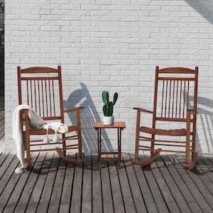 Wood Outdoor Bistro Set 3 Piece With 2 Rocking Chairs and 1 Foldable Coffee Table, Brown