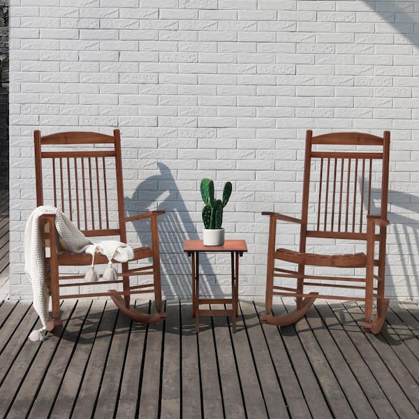 VEIKOUS Wood Outdoor Bistro Set 3 Piece With 2 Rocking Chairs and 1 Foldable Coffee Table, Brown