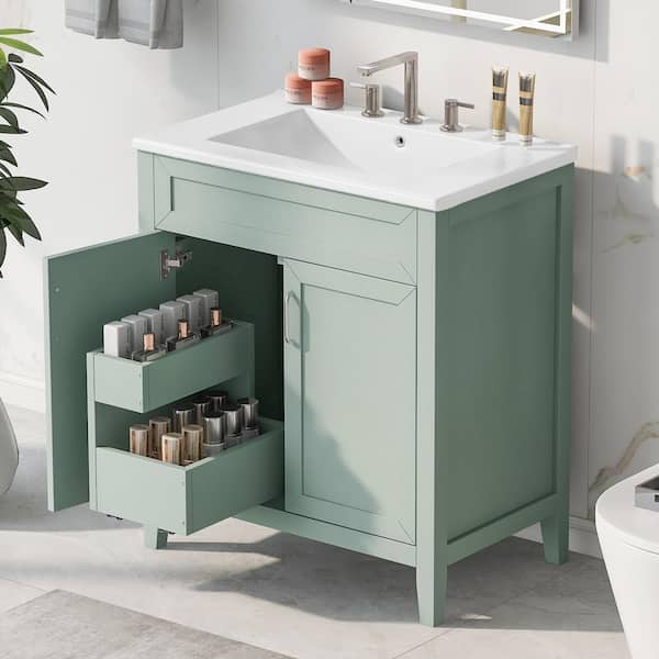 Tenleaf 30 in. W Single Sink Freestanding Bath Vanity in Green with White Ceramic Top and Multi-Functional Drawer