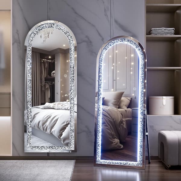 Black 18 in. W x 59 in. H LED Light Arch Full Length Mirror with Crystal Crush Diamond Free Standing Floor Mirror