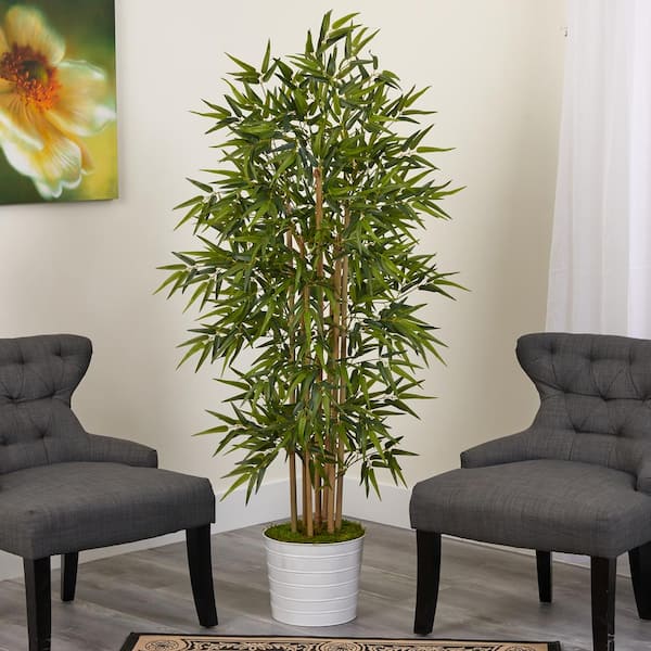 Nearly Natural 64 in. Bamboo Artificial Tree in White Tin Planter