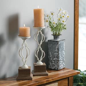 15.75" and 13.5" White Metal & Wood Pillar Candle Holder (Set of 2)