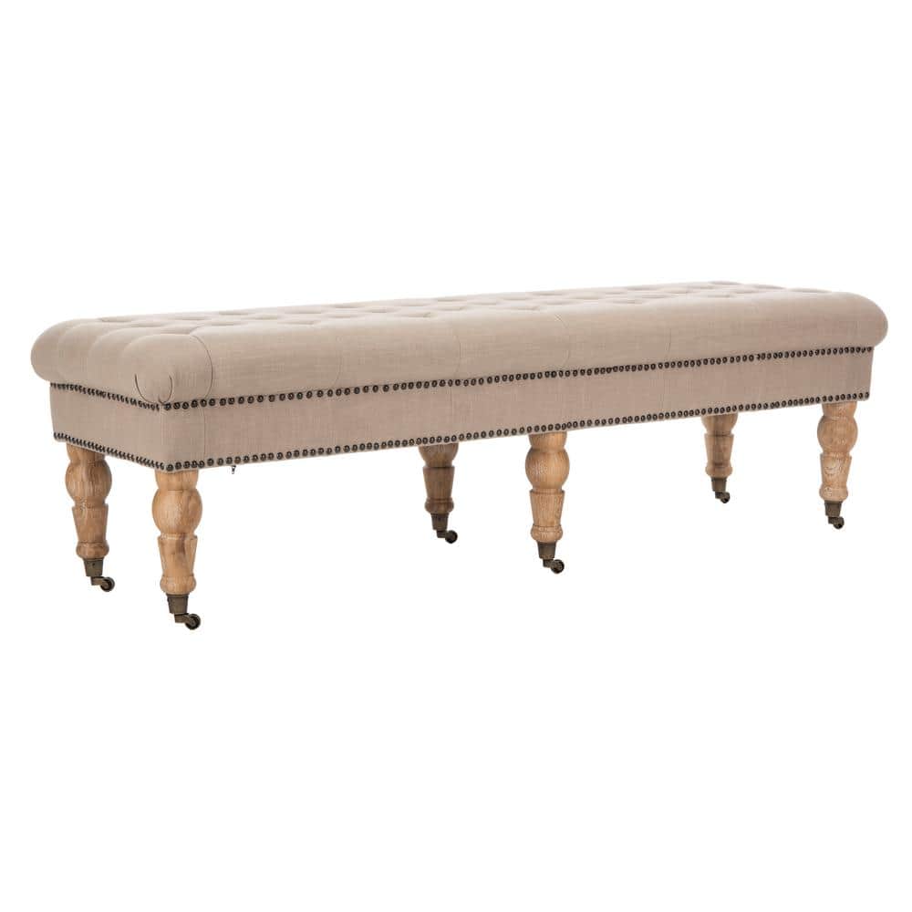 Taupe Linen-Poly Blend Bench with Turned Oak Legs