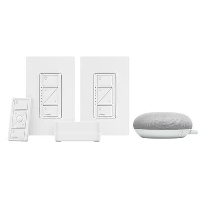 Caseta Wireless Smart Lighting Start Kit with Pico Remote and 2-Dimmer Switches and Google Home Mini, Chalk