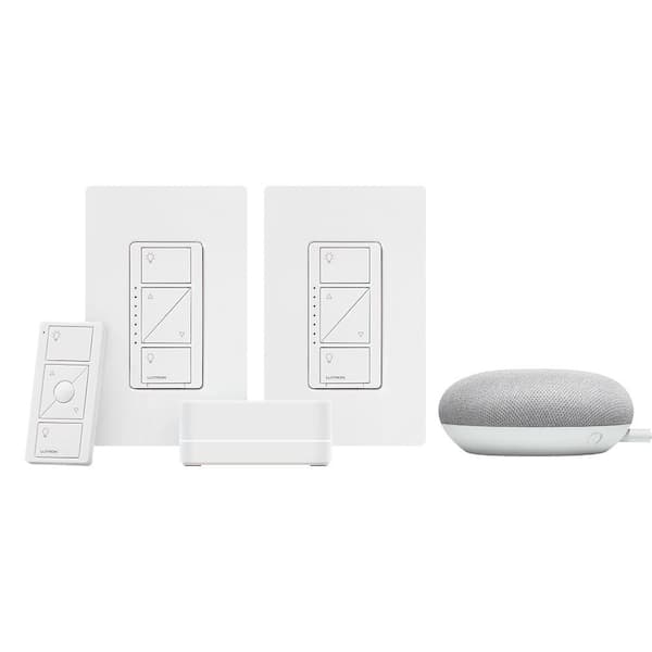 Lutron Caseta Smart Lighting Start Kit with Pico Remote and 2-Dimmer Switches and Google Home Mini, Chalk (CASETA-2DIM-GMCHLK)