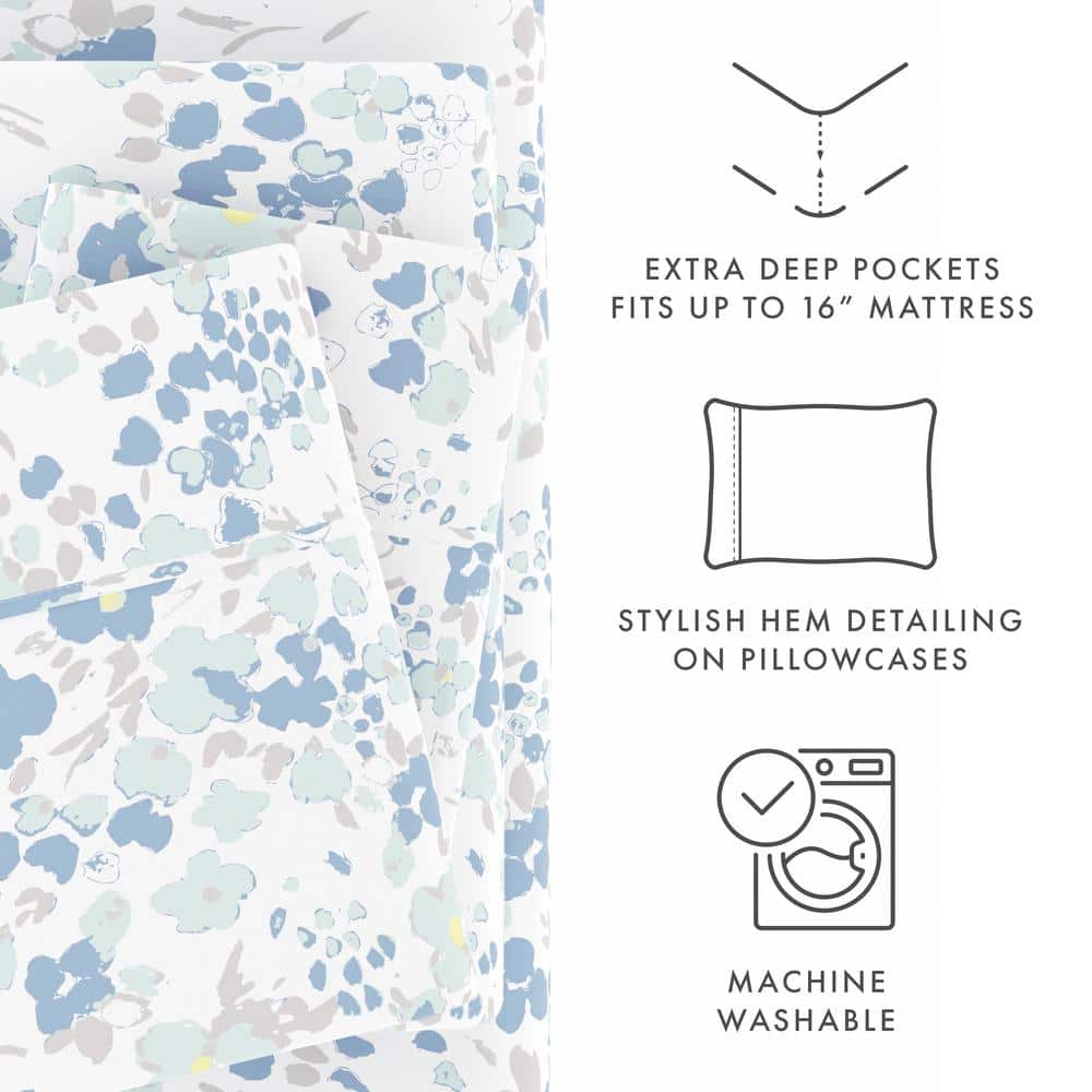 King Light Blue Floral Microfiber Sheet Set with Deep Pockets