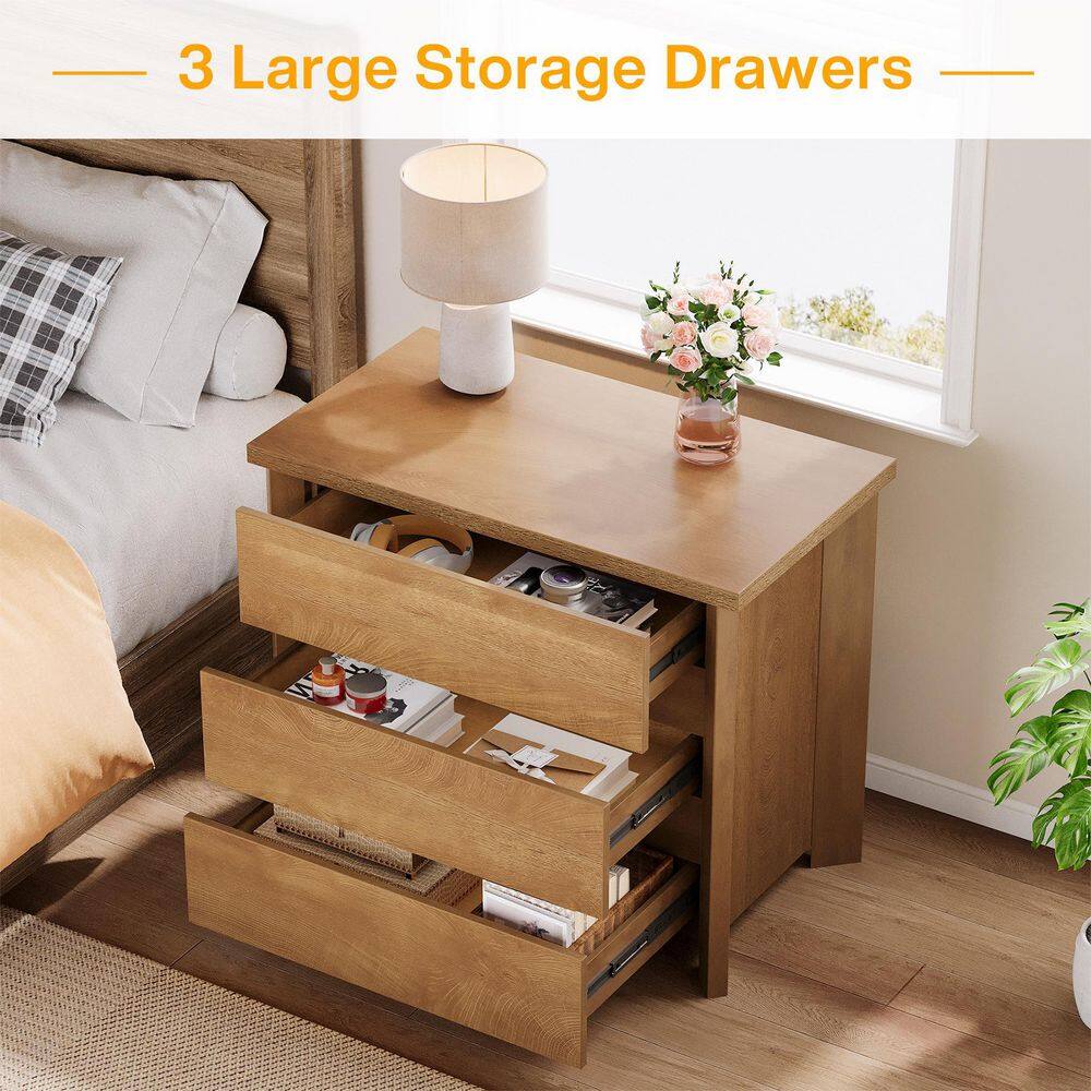 Fenley Light Brown Oversized Nightstands, 3-Drawer 31.5 in. Bedside Table, Large Nightstands for Bedroom, 2 Pieces - thumbnail 2