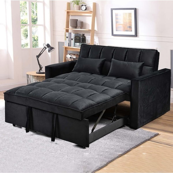 52.75 in. Black Velvet Full 3 in 1 Sleeper Sofa Bed Pullout Loveseat ...
