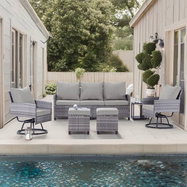 Gray 6-Piece Wicker Outdoor Sectional Set with Cushionguard Gray Cushions, 3-Sofas, 2-Swivel Chairs and 2-Ottomans