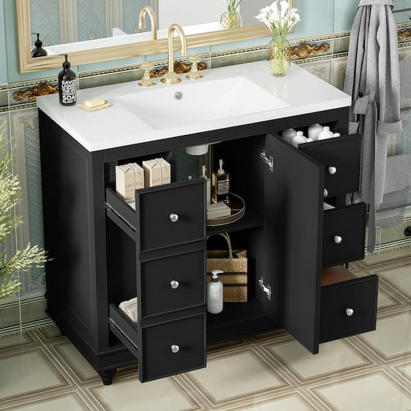 36 in. Single Sink Freestanding White Bath Vanity with Black Resin Top and 5-Drawer Storage Cabinet Unassembled