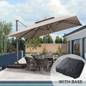 12 ft. Square Olefin 2-Tier Aluminum Cantilever 360-Degree Rotation Patio Umbrella with Base, Beige