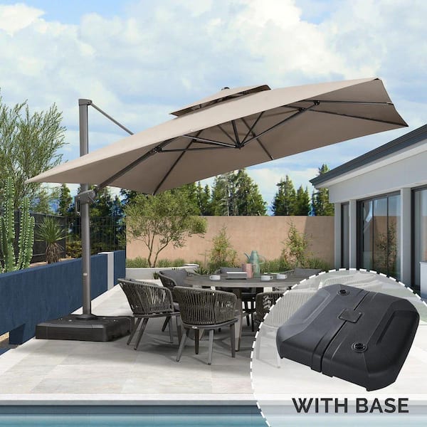 12 ft. Square Double Top Aluminum Rotation Outdoor Cantilever Patio Umbrella with Base, Beige