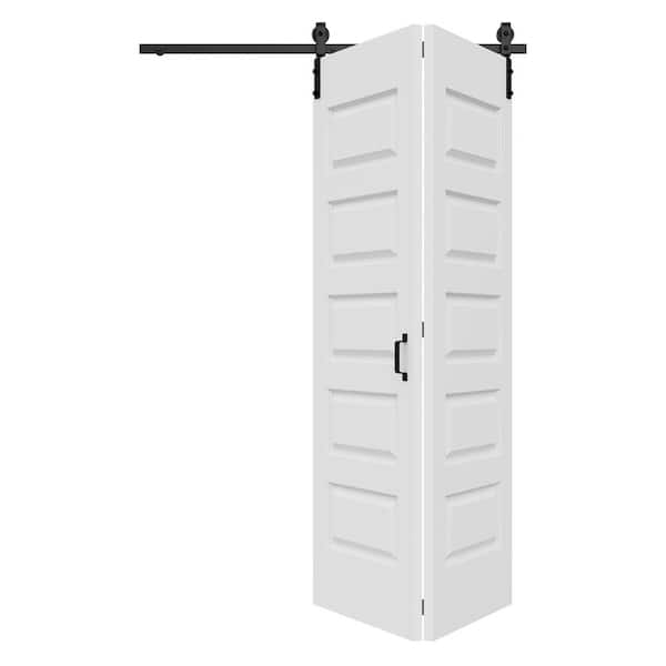 56 in. x 84 in. Paneled 5-Lite White Primed Hollow Core MDF Composite Bi-Fold Door with Bifold Barn Door Hardware