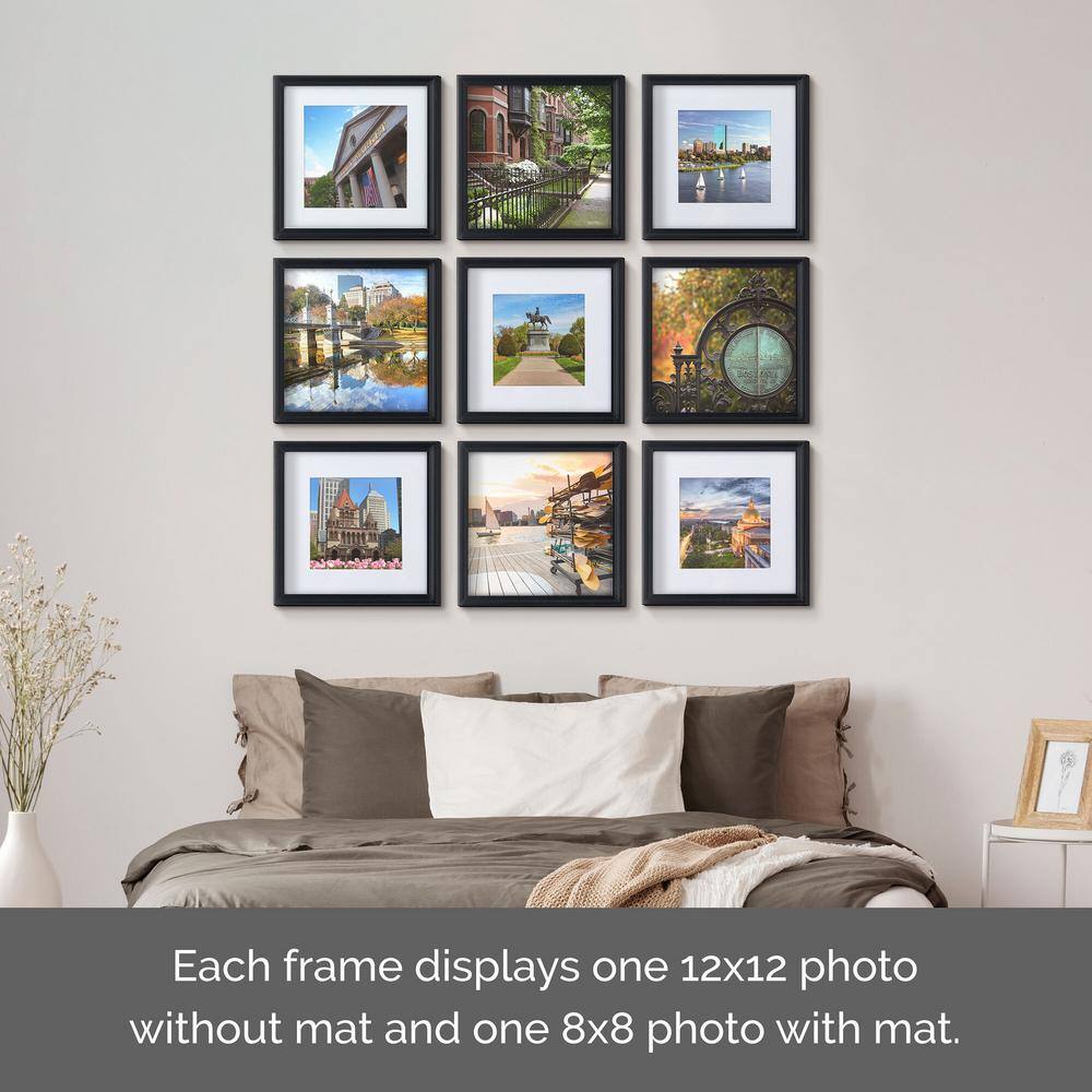 Set of Nine Black Matte Wood Wall-Mounted Photo Frames