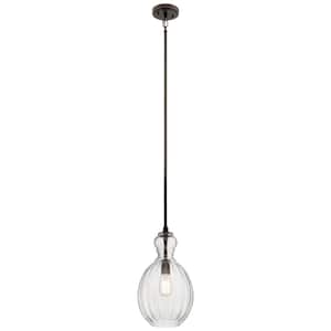 Riviera 16 in. 1-Light Olde Bronze Transitional Shaded Kitchen Pendant Hanging Light with Clear Ribbed Glass