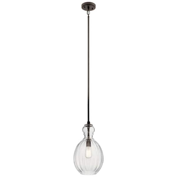 KICHLER Riviera 16 in. 1-Light Olde Bronze Transitional Shaded Kitchen Pendant Hanging Light with Clear Ribbed Glass