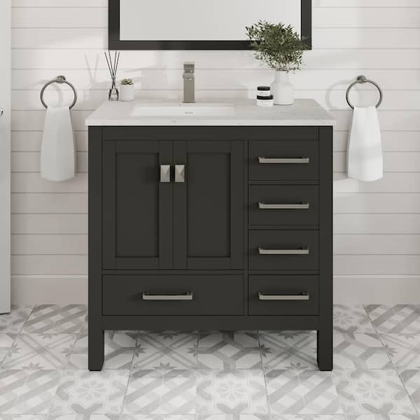 London 36 in. Single Sink Espresso Bath Vanity with White Carrara Quartz Top (Assembled)