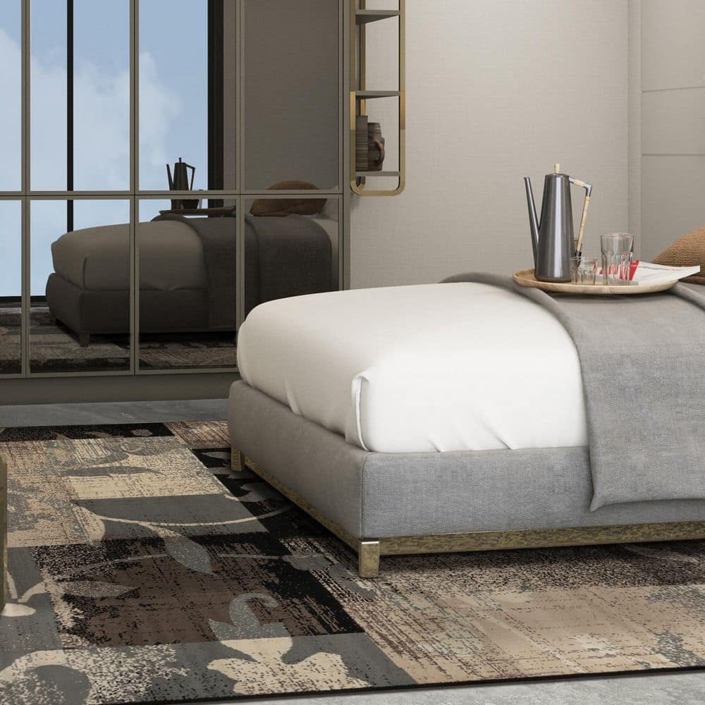 Elegant Beige Floral Patchwork Low Pile Area Rug