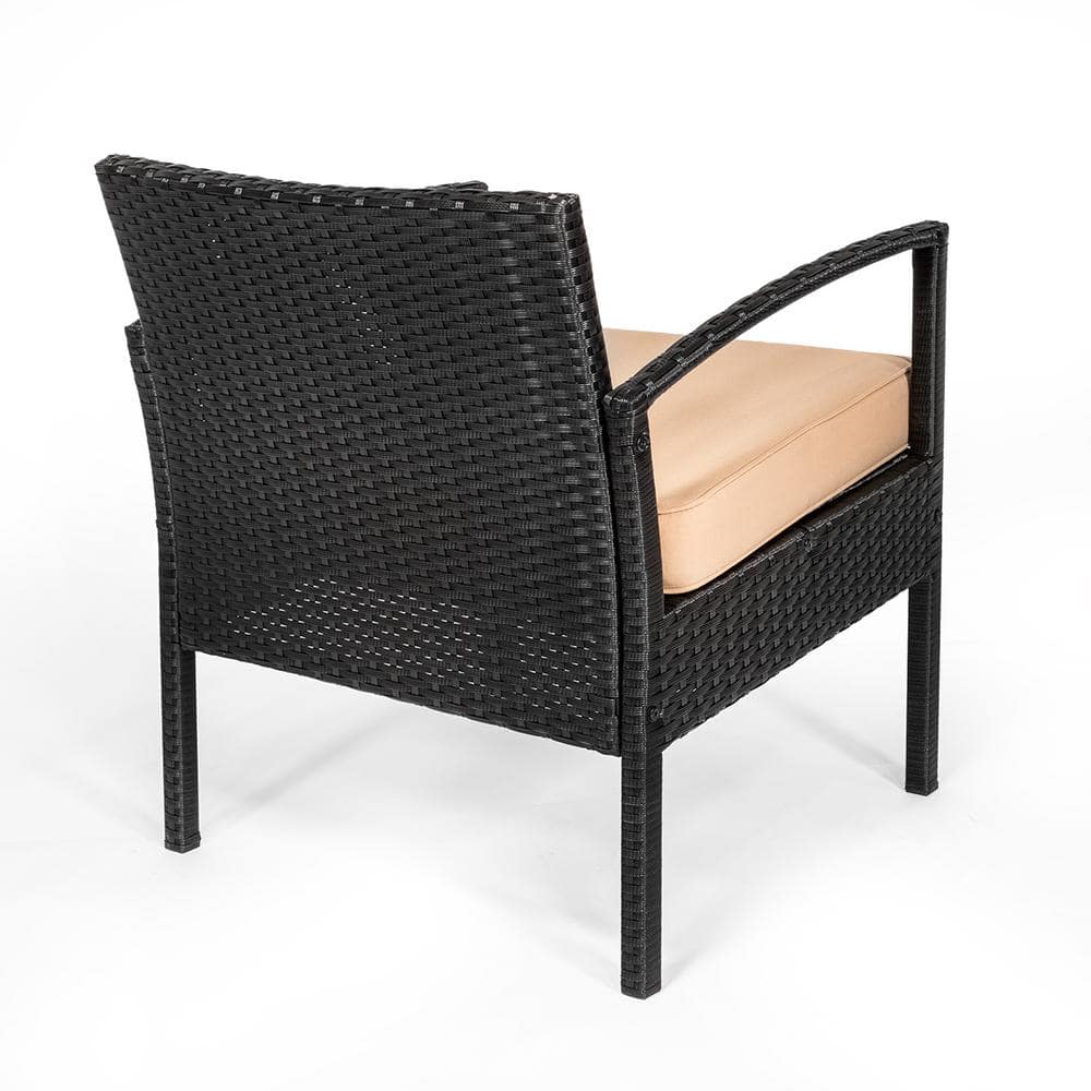 Black Steel Frame 3-Piece Patio Set with Beige Cushions and Glass Table