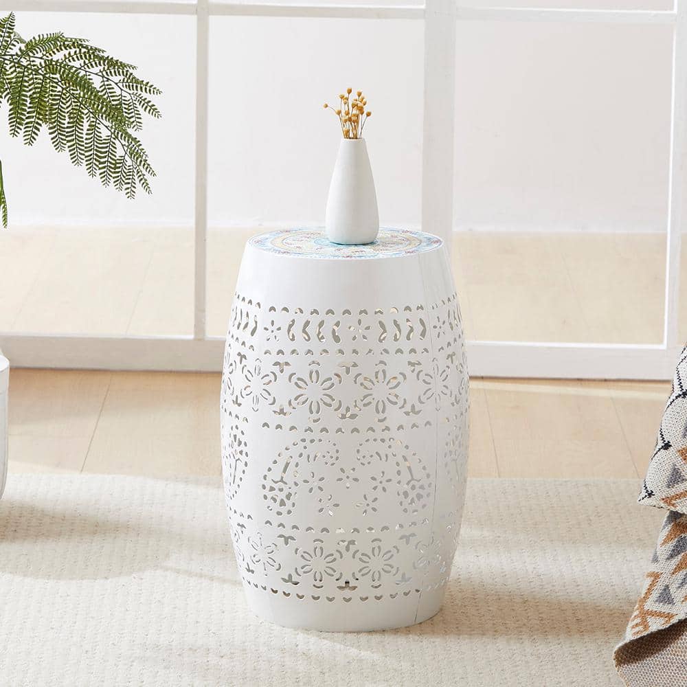 12 in. Ceramic White Tile Iron Side Table, for snacks, beverages, and plant