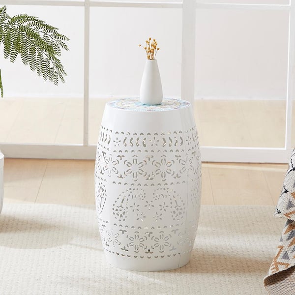 AFAIF 12 in. Ceramic White Tile Iron Side Table, for snacks, beverages, and plants, perfect for indoor and outdoor use