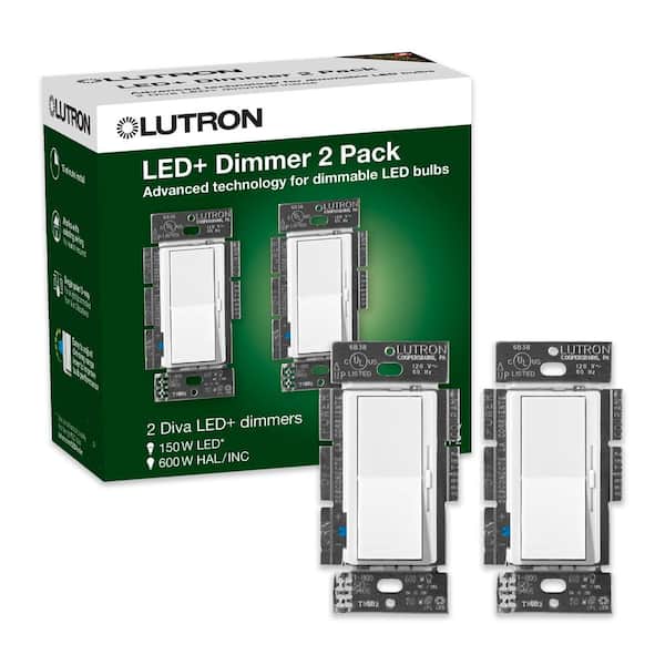 Lutron Diva LED+ Dimmer Switch for Dimmable LED, Halogen and Incandescent Bulbs, Single Pole or 3 Way, White (2 Pack)